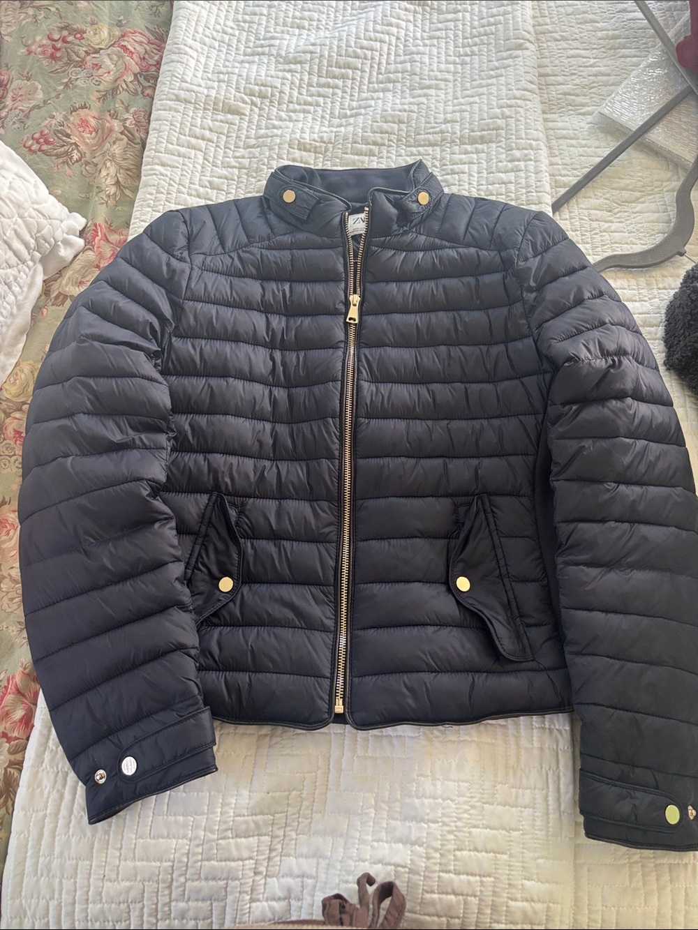 Zara Navy Quilted Puffer Jacket with Gold-Tone Hardware